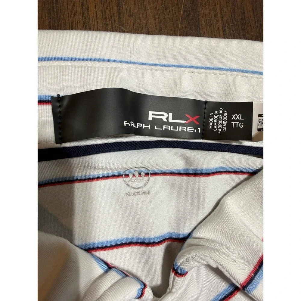 RLX Ralph Lauren Polo Golf Shirt Men 2XL White Striped Performance Stretch